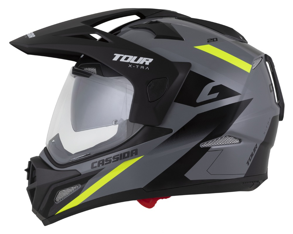 Enduro helma na motorku Cassida Tour 2.0 X-tra (šedá/žlutá fluo/černá/černý matný kšilt)