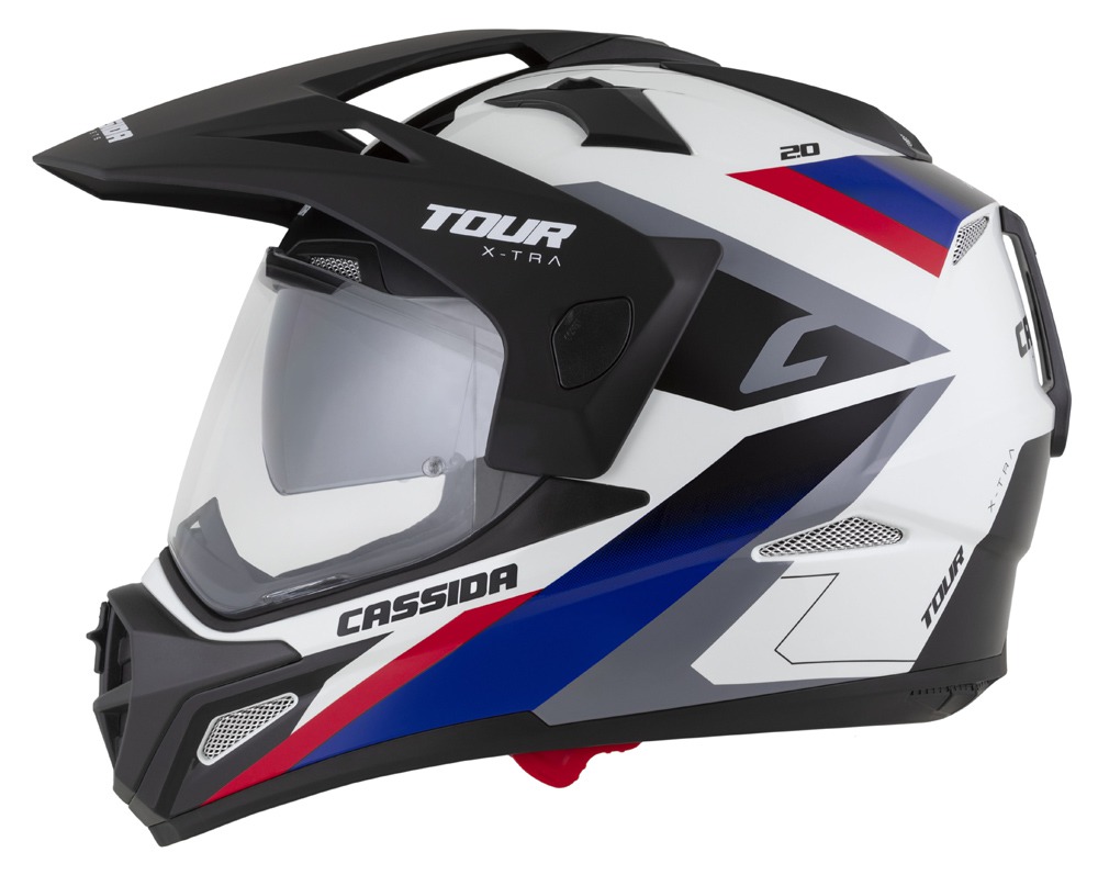 Enduro helma na motorku Cassida Tour 2.0 X-tra (bílá/modrá/červená/černá/černý matný kšilt)