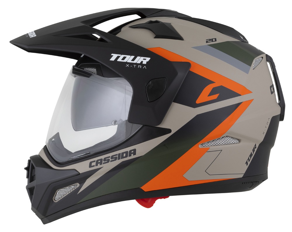 Enduro helma na motorku Cassida Tour 2.0 X-tra (písková matná/oranžová/zelená/černá)