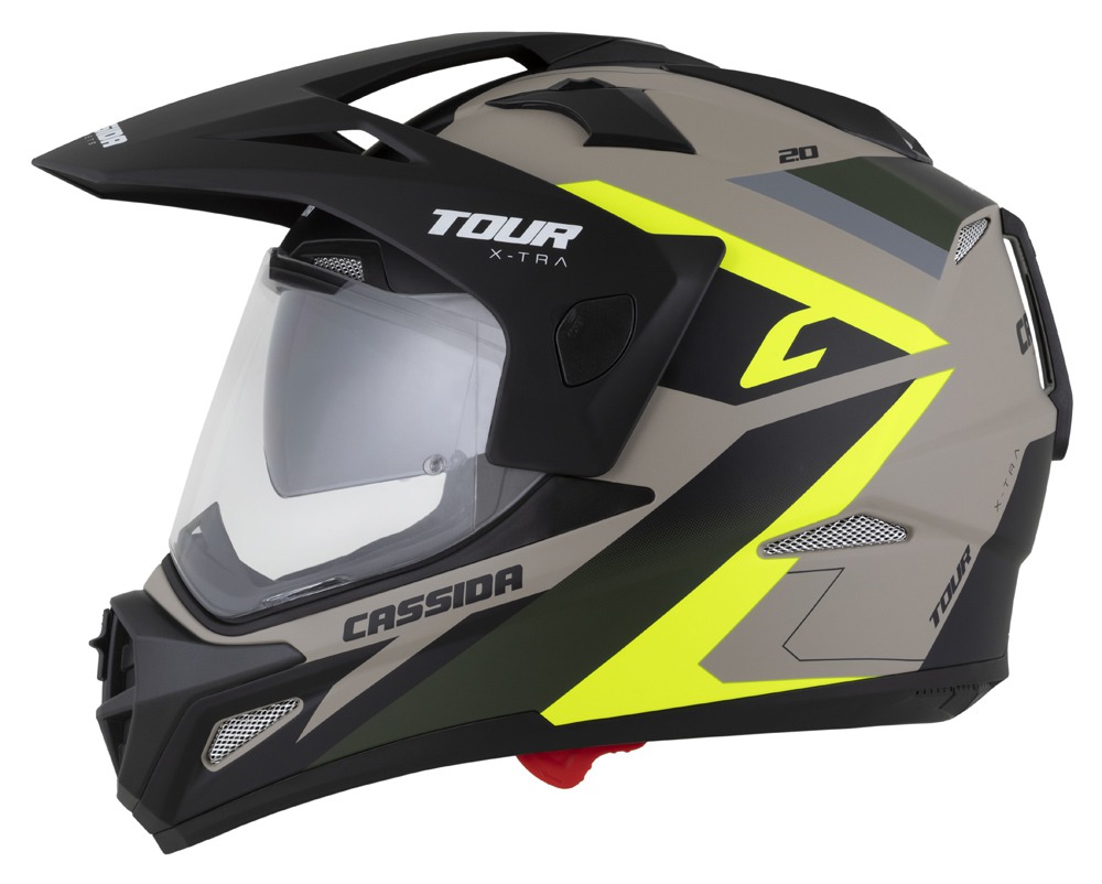 Enduro helma na motorku Cassida Tour 2.0 X-tra (písková matná/žlutá fluo/zelená/černá)