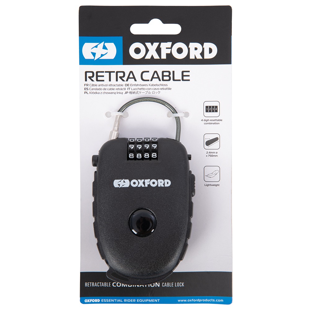 Svinovací lankový zámek na helmu a oblečení Oxford RETRA CABLE COMBINATION LOCK, (délka 0,75 m, tl. 2,4 mm, černý)