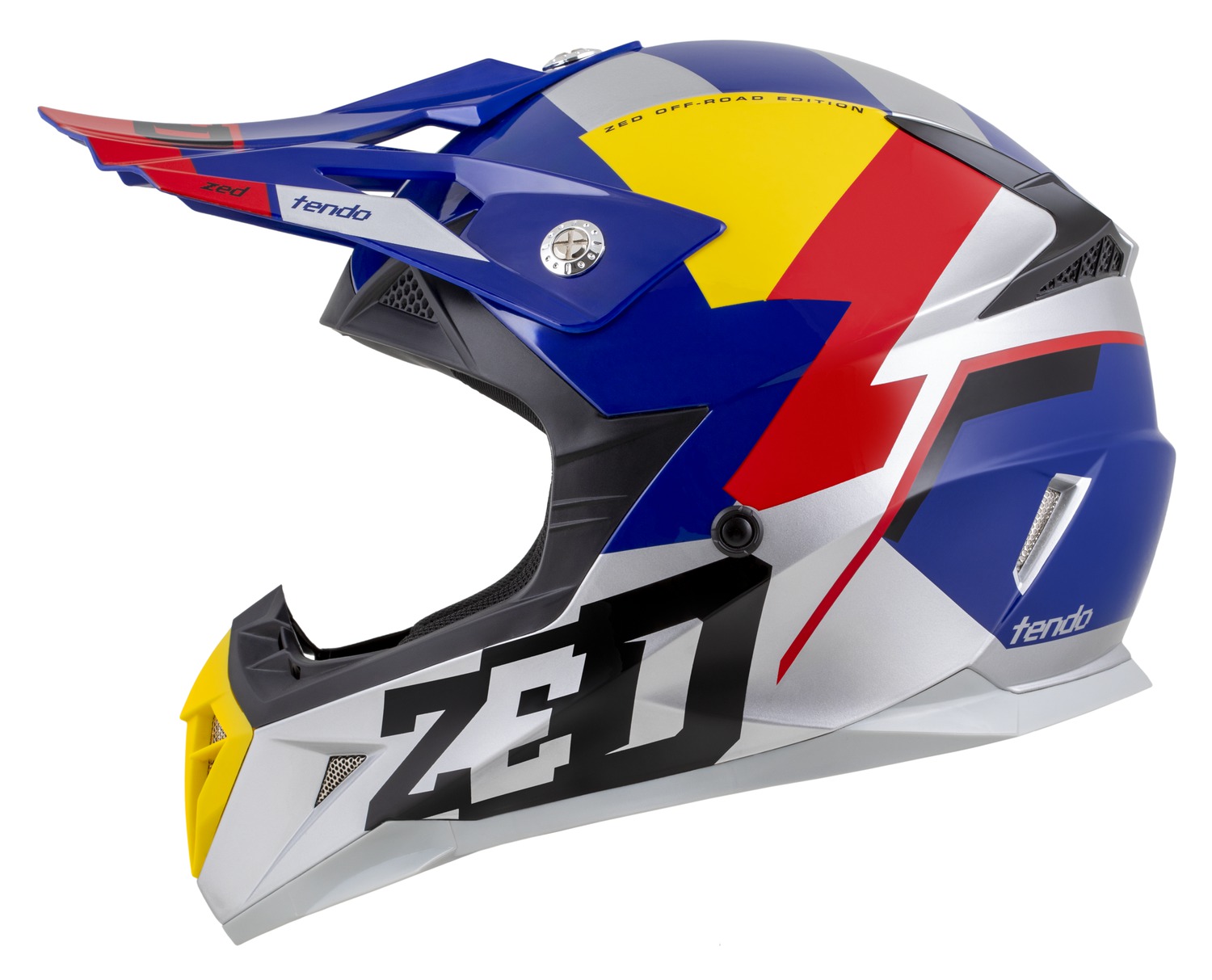 Dětská motokrosová helma na motorku ZED X1.9D TENDO (modrá perleť/červená/žlutá/stříbrná)