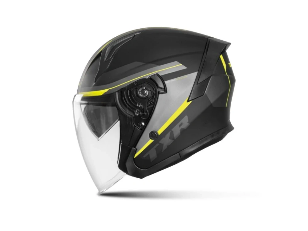 Otevřená helma na motorku/skútr TXR City černo-šedo-fluo žlutá matná, se sluneční clonou