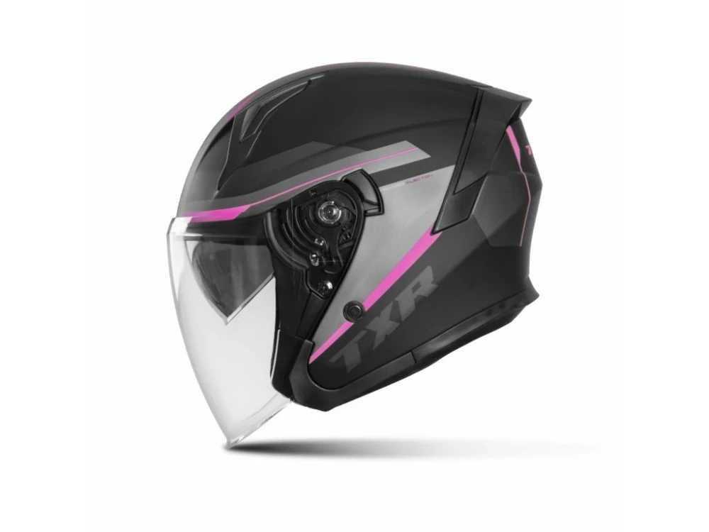 Otevřená dámská helma na motorku/skútr TXR City černo-šedo-růžová matná, se sluneční clonou
