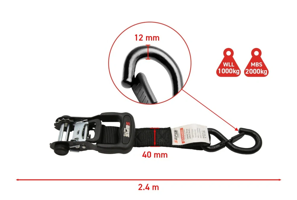 SET pro upevnění motorky SEFIS 40 upínací popruhy 4x kurtna 40mm x 240 cm 4x popruh