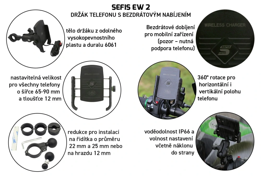Držák telefonu na motorku SEFIS EW 2 s bezdrátovým nabíjením a objímkou