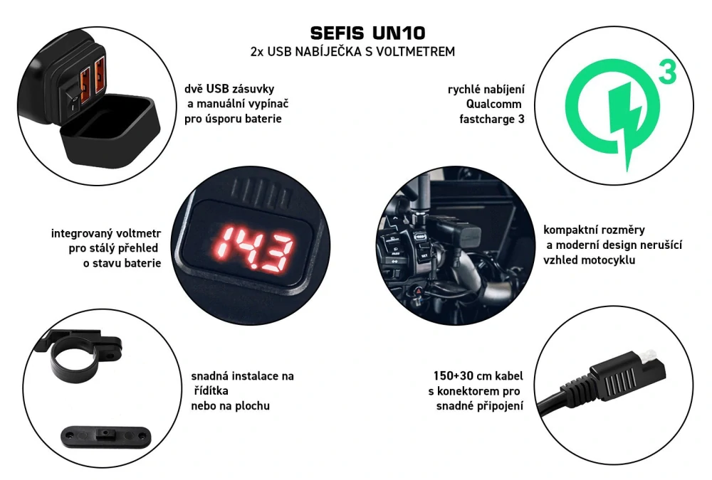 SEFIS UN10 2x USB moto zásuvka s voltmetrem a vypínačem + objímka na řidítka