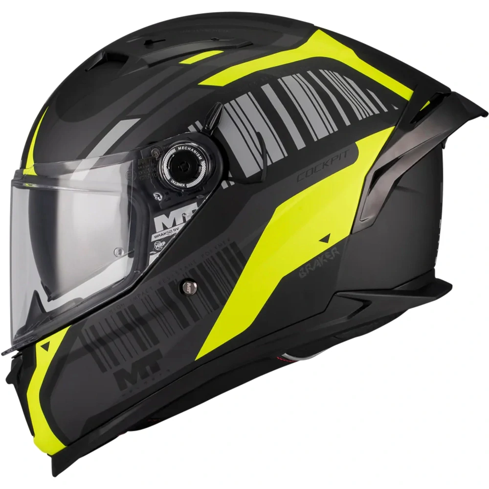 Integrální helma na motorku MT Braker SV Cockpit B13 matná černo-šedo-fluo žlutá (5 hvězd v nárazovém testu SHARP)