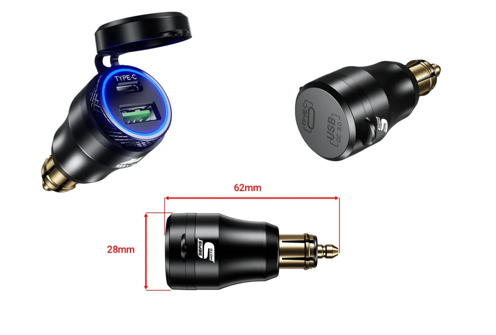 USB redukce (2x) do malé BMW, Triumph (DIN) moto zásuvky 12V, hliníková QC 3.0 USB-A USB-C