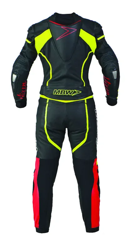 Dámská kožená moto kombinéza MBW Vixen černá/žlutá fluo/červená 2-dílná + DOPRAVA ZDARMA