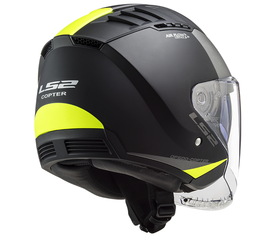 Helma na motorku LS2 OF600 Copter II URBANE Matt Black H-V Yellow, se sluneční clonou