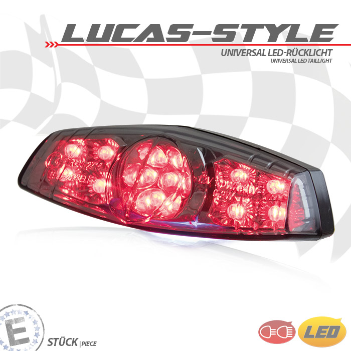 Koncové LED světlo na motorku "Lucas-Style", 110x35 mm s osvitem SPZ