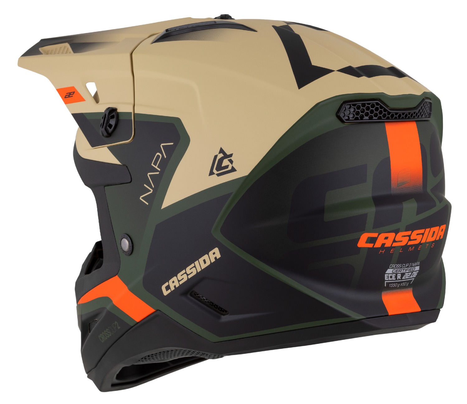 Motokrosová (MX) helma na motorku CASSIDA Cross Cup 2 Napa (písková/zelená/oranžová/černá matná)