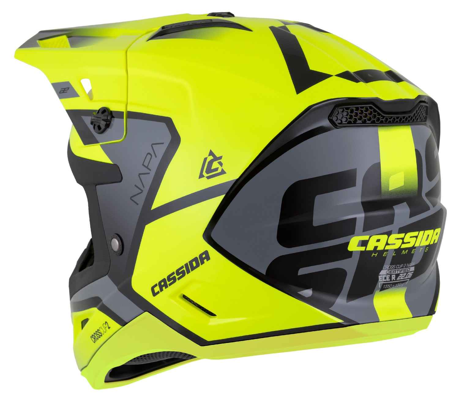 Motokrosová (MX) helma na motorku CASSIDA Cross Cup 2 Napa (žlutá fluo/černá/šedá perleť)