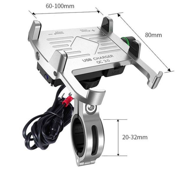 Držák telefonu s objímkou na řídítka s USB zásuvkou "CRAB R10-METAL USB QC" na motorku stříbrný (chopper, cruiser)