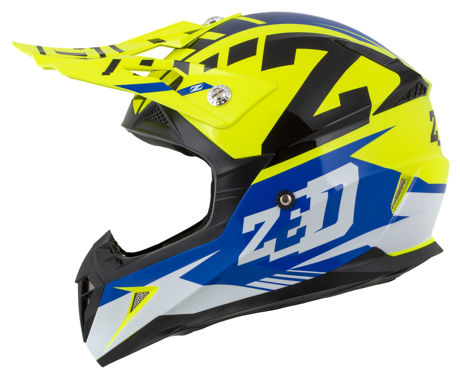 Dětská motokrosová helma na motorku ZED X1.9D TARGA (žlutá fluo/modrá/černá/bílá), na moto i čtyřkolku