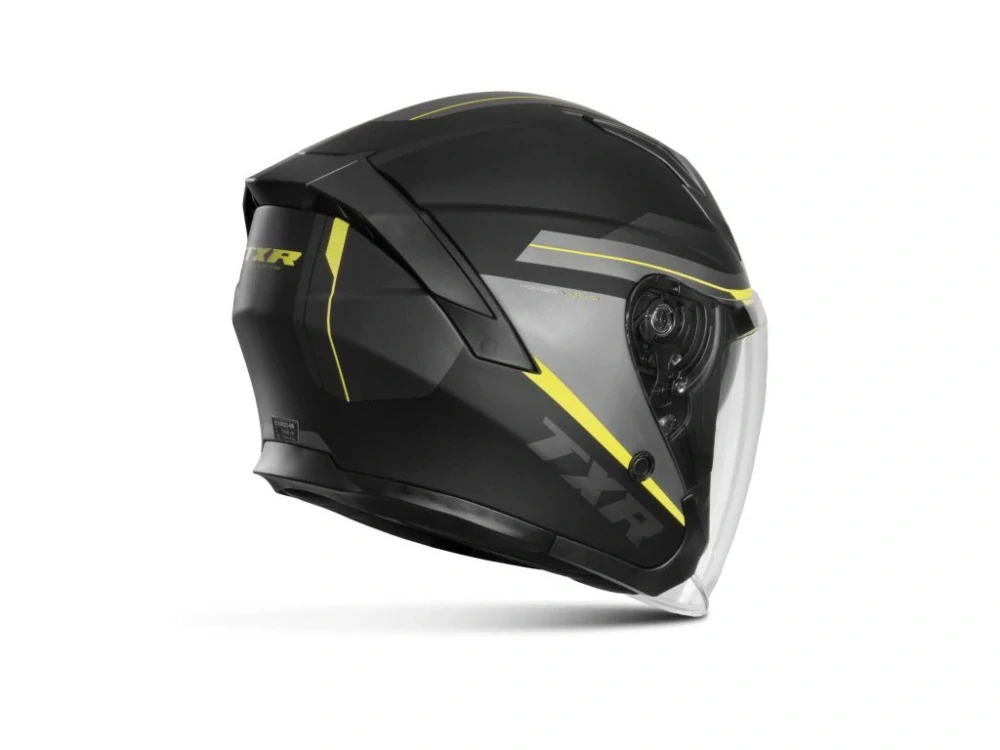 Otevřená helma na motorku/skútr TXR City černo-šedo-fluo žlutá matná, se sluneční clonou