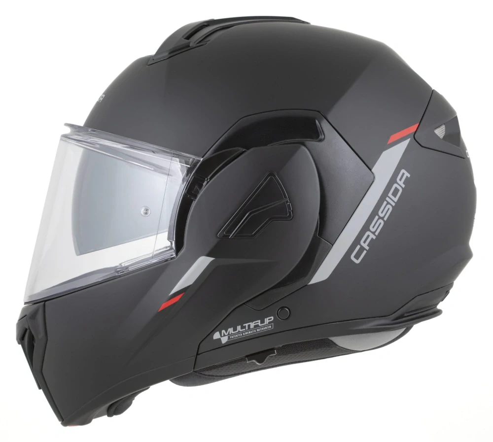 Překlopná helma na motorku CASSIDA MultiFlip Solid (černá matná/červená/šedá) + pinlock v ceně