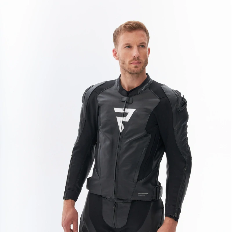 Kožená bunda na motorku Rebelhorn VELOCE Black/White, kombinace kůže/textil