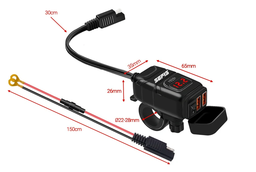 SEFIS UN10 2x USB moto zásuvka s voltmetrem a vypínačem + objímka na řidítka