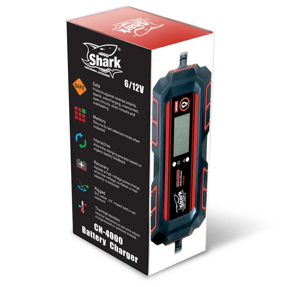 Nabíječka moto baterií včetně gelových, SHARK CN-4000 s displejem, 6/12V