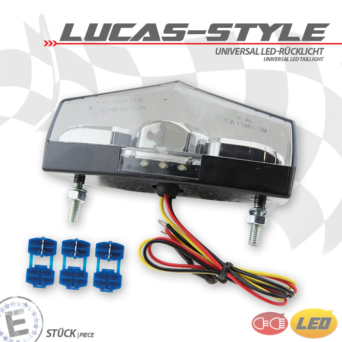 Koncové LED světlo na motorku "Lucas-Style", 110x35 mm s osvitem SPZ