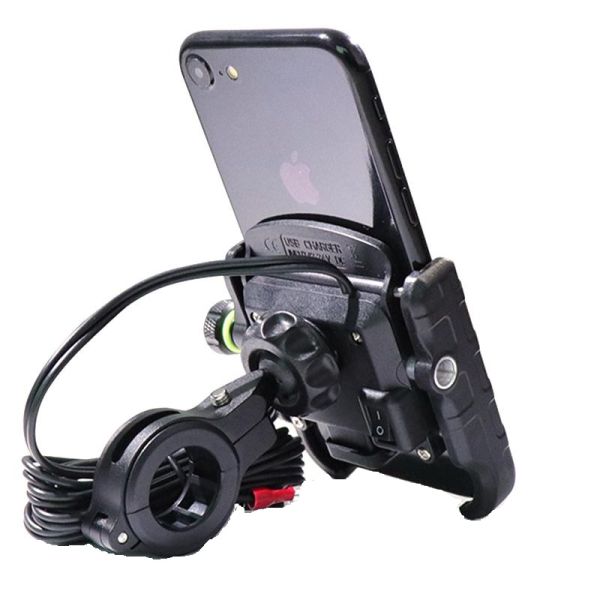 Držák telefonu s objímkou na řídítka s USB zásuvkou"CRAB R9-METAL USB QC" na motorku