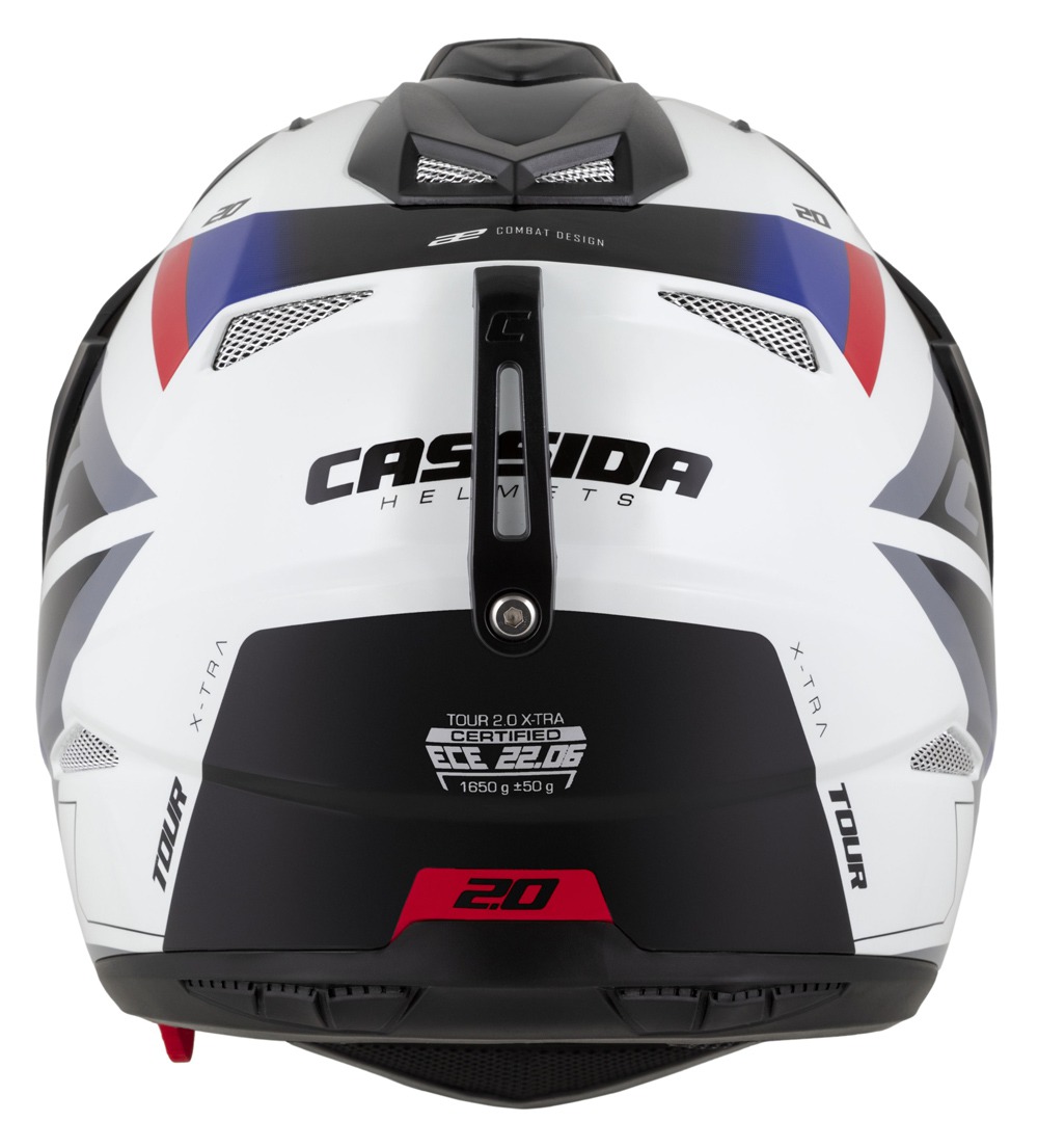 Enduro helma na motorku Cassida Tour 2.0 X-tra (bílá/modrá/červená/černá/černý matný kšilt)