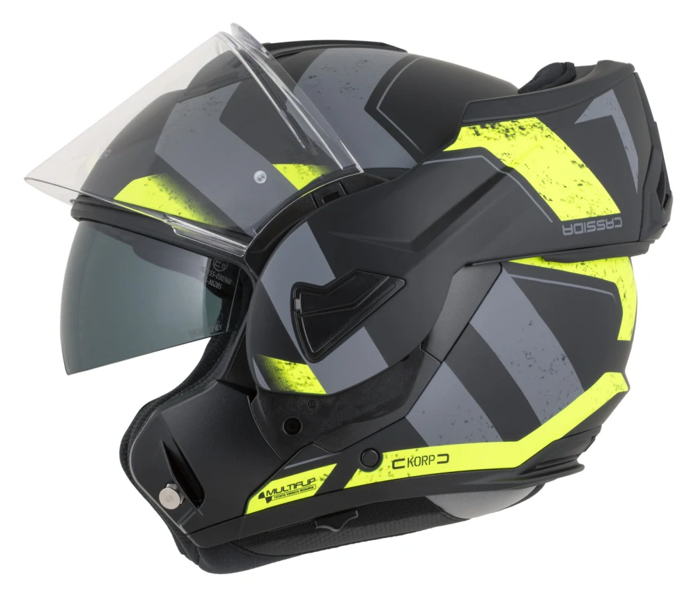 Překlopná helma na motorku CASSIDA MultiFlip KORP (černá matná/žlutá fluo/šedá) + pinlock v ceně
