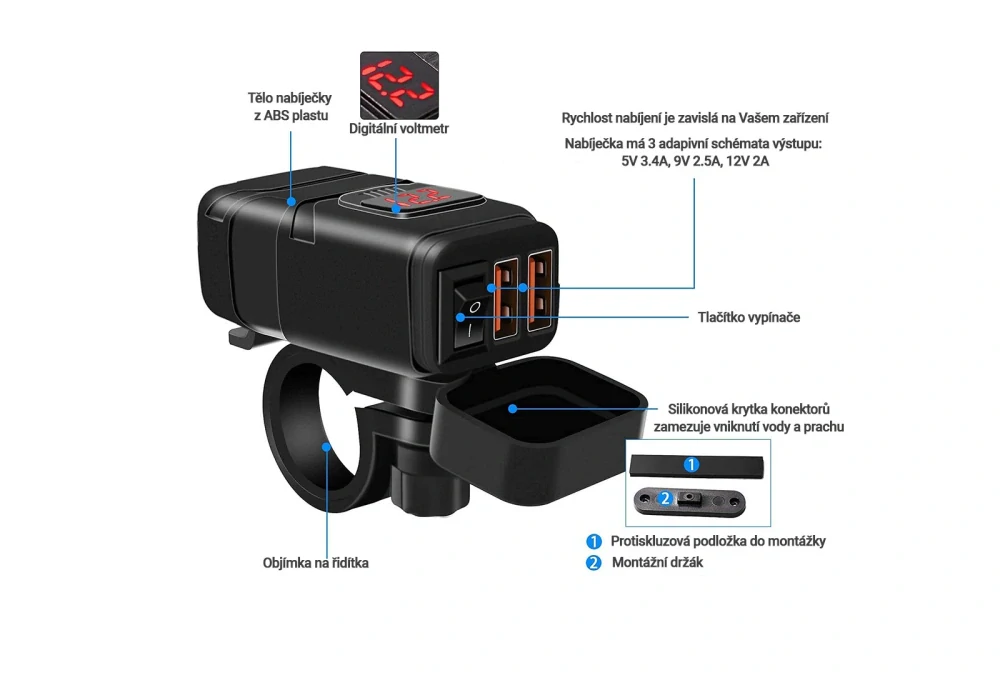 SEFIS UN10 2x USB moto zásuvka s voltmetrem a vypínačem + objímka na řidítka