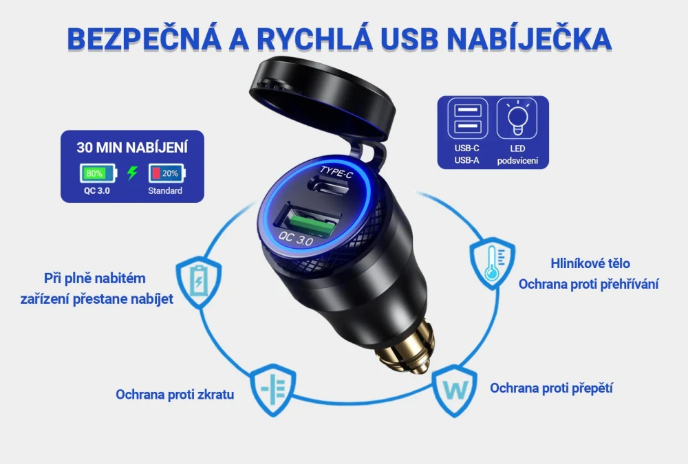 USB redukce (2x) do malé BMW, Triumph (DIN) moto zásuvky 12V, hliníková QC 3.0 USB-A USB-C