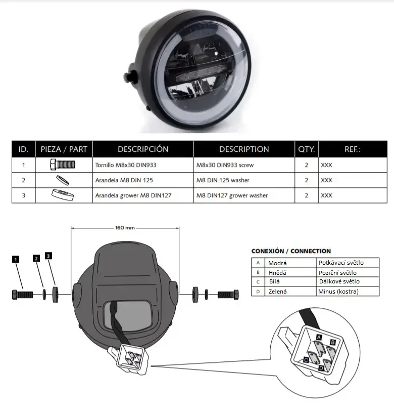 Přední (hlavní) světlo na motorku LED PUIG 1944N, 175 mm