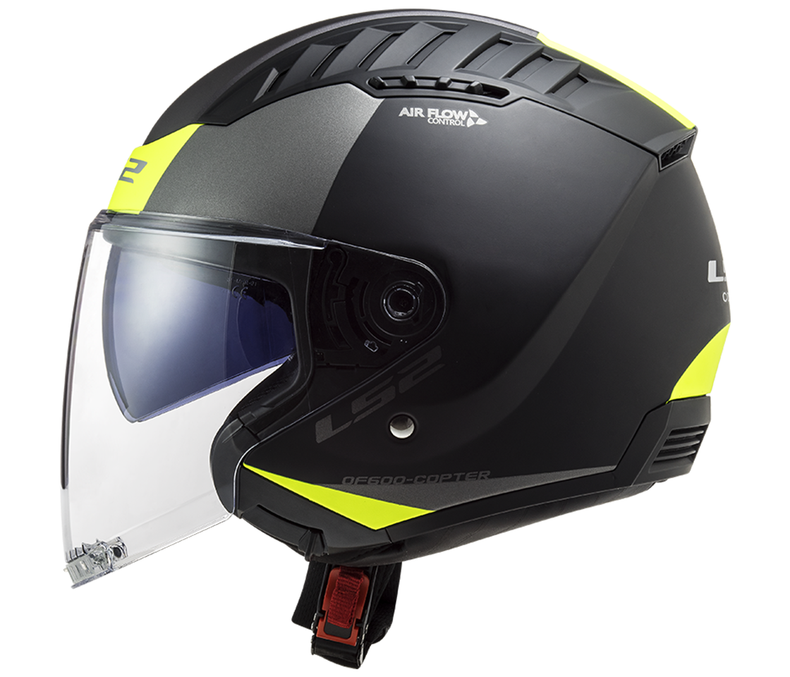 Helma na motorku LS2 OF600 Copter II URBANE Matt Black H-V Yellow, se sluneční clonou