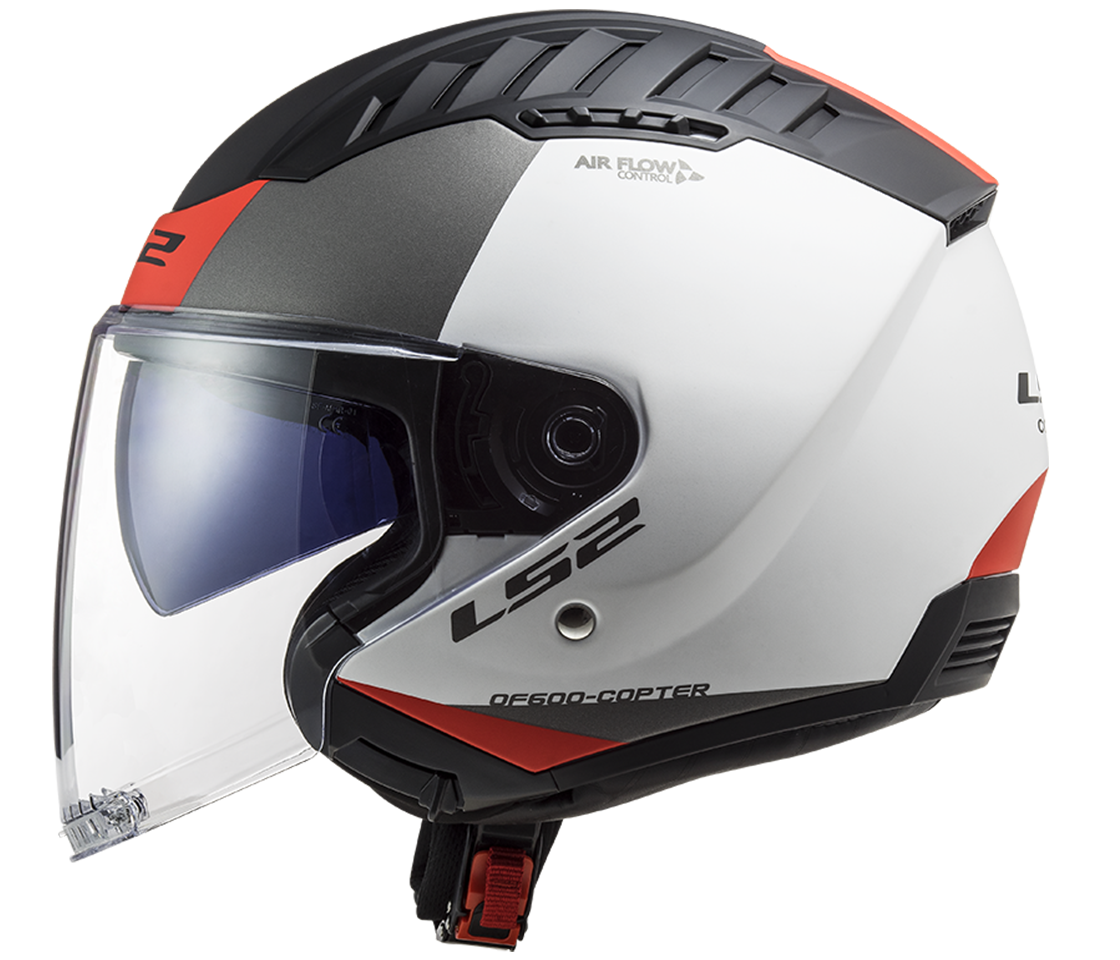 Helma na motorku LS2 OF600 Copter II URBANE Matt White Red, se sluneční clonou