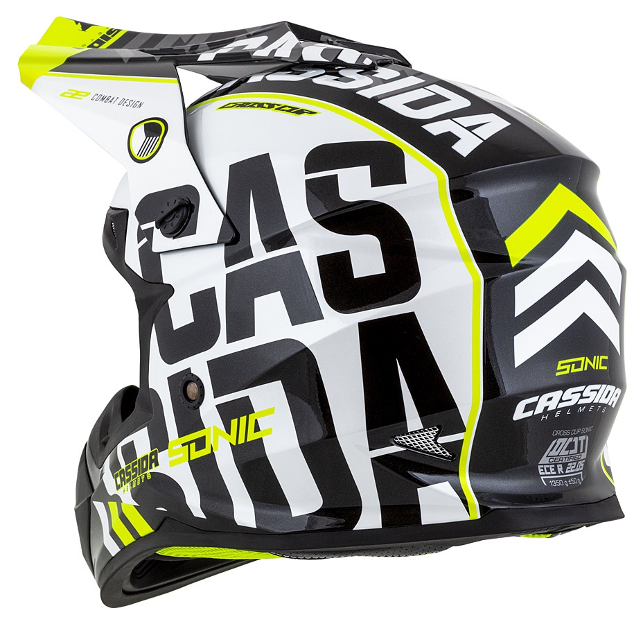 Dětská motokrosová helma na motorku CASSIDA CROSS CUP SONIC JUNIOR (ČERNÁ/BÍLÁ/ŽLUTÁ FLUO/ŠEDÁ)