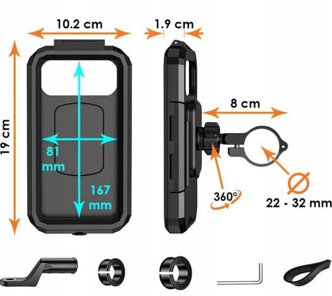 Univerzální voděodolné pouzdro na mobilní telefony "HARD-167" max. 6,5" s držákem na řídítka na motorku