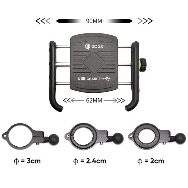 Držák telefonu s objímkou na řídítka s USB zásuvkou"CRAB R9-METAL USB QC" na motorku
