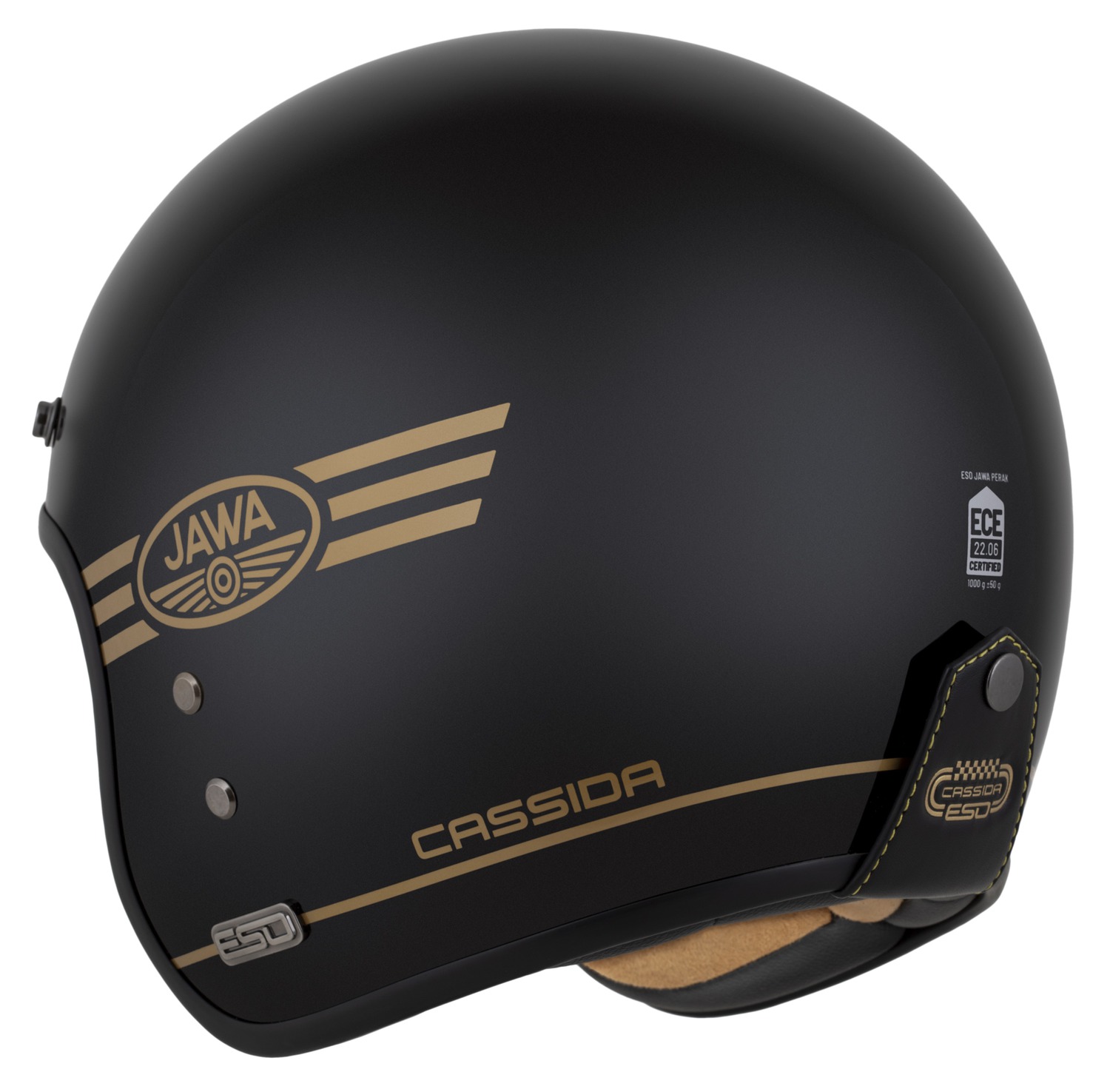Helma na motorku CASSIDA Eso Jawa Pérák (černá perleť/zlatá)