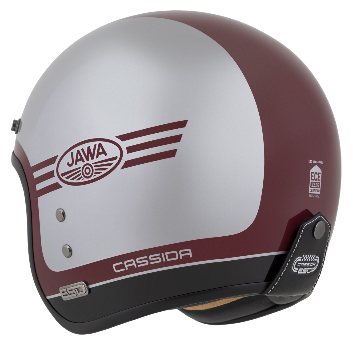 Helma na motorku CASSIDA Eso Jawa Panel (červená/stříbrná/černá)