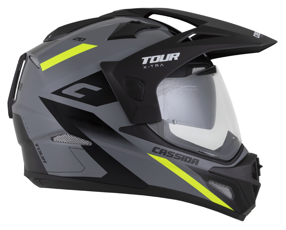 Enduro helma na motorku Cassida Tour 2.0 X-tra (šedá/žlutá fluo/černá/černý matný kšilt)