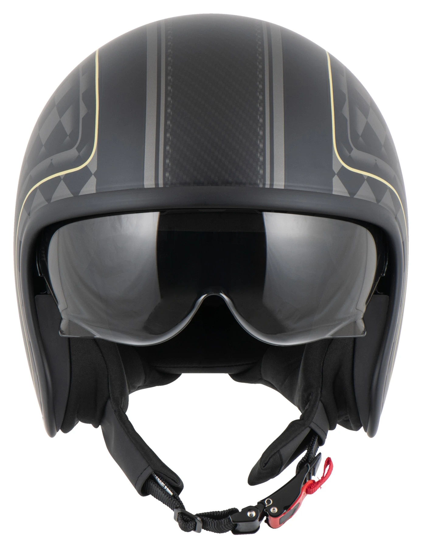 Otevřená helma na motorku MTR RJ-1 matná šachovnice, se sluneční clonou chopper, cruiser