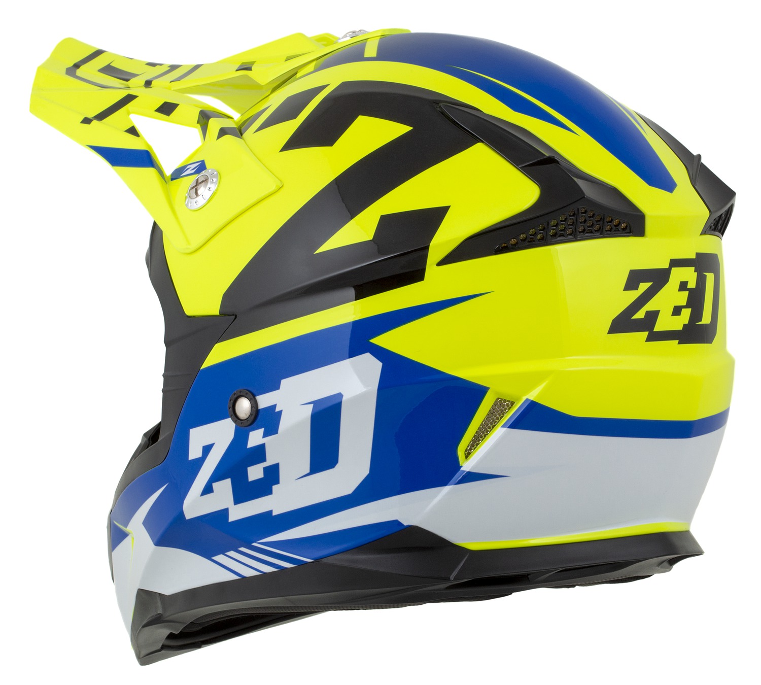 Dětská motokrosová helma na motorku ZED X1.9D TARGA (žlutá fluo/modrá/černá/bílá), na moto i čtyřkolku