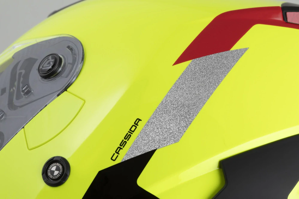 Helma na motorku CASSIDA Reflex 2.0 Safety, (žlutá fluo/červená/šedá/stříbrná reflexní)