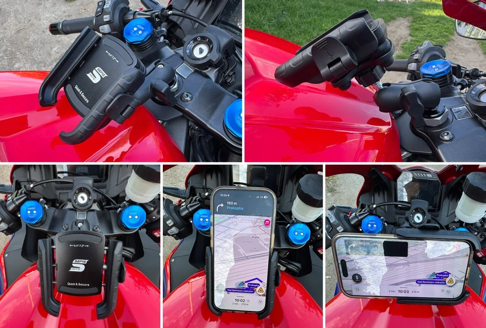 Držák telefonu na motorku SEFIS RW + s antiotřesovým adaptérem - do krku řízení + objímka na řidítka/hrazdu