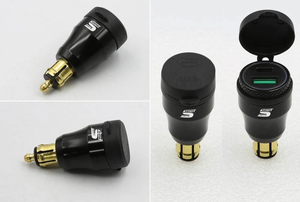 USB redukce (2x) do malé BMW, Triumph (DIN) moto zásuvky 12V, hliníková QC 3.0 USB-A USB-C