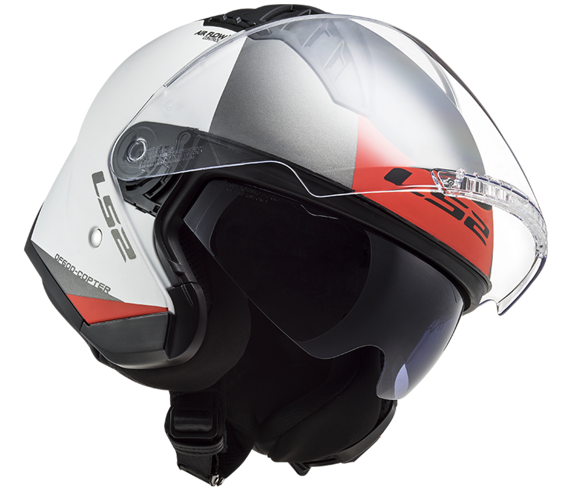 Helma na motorku LS2 OF600 Copter II URBANE Matt White Red, se sluneční clonou