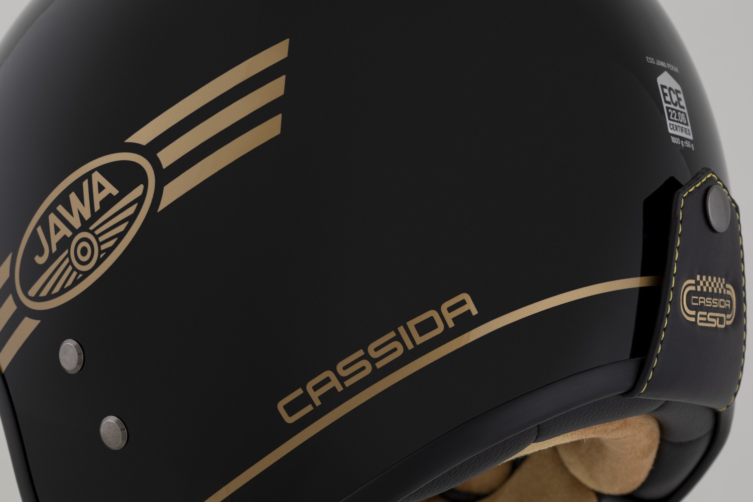 Helma na motorku CASSIDA Eso Jawa Pérák (černá perleť/zlatá)