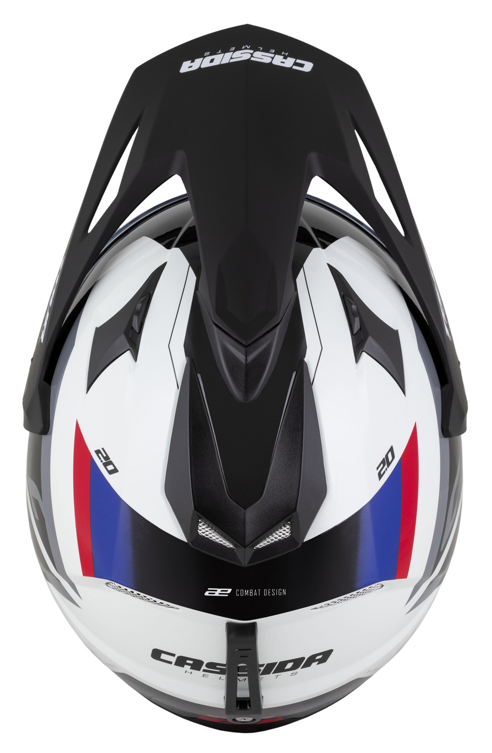 Enduro helma na motorku Cassida Tour 2.0 X-tra (bílá/modrá/červená/černá/černý matný kšilt)
