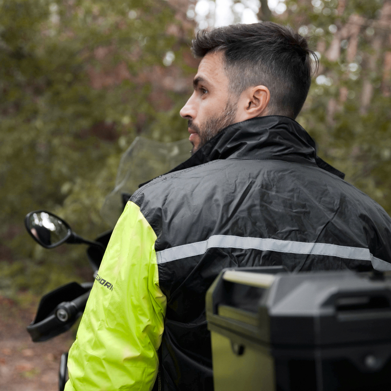 Kombinéza do deště na motorku Rebelhorn RAIN 2-dílná, reflexní fluo rukávy (nepromok)
