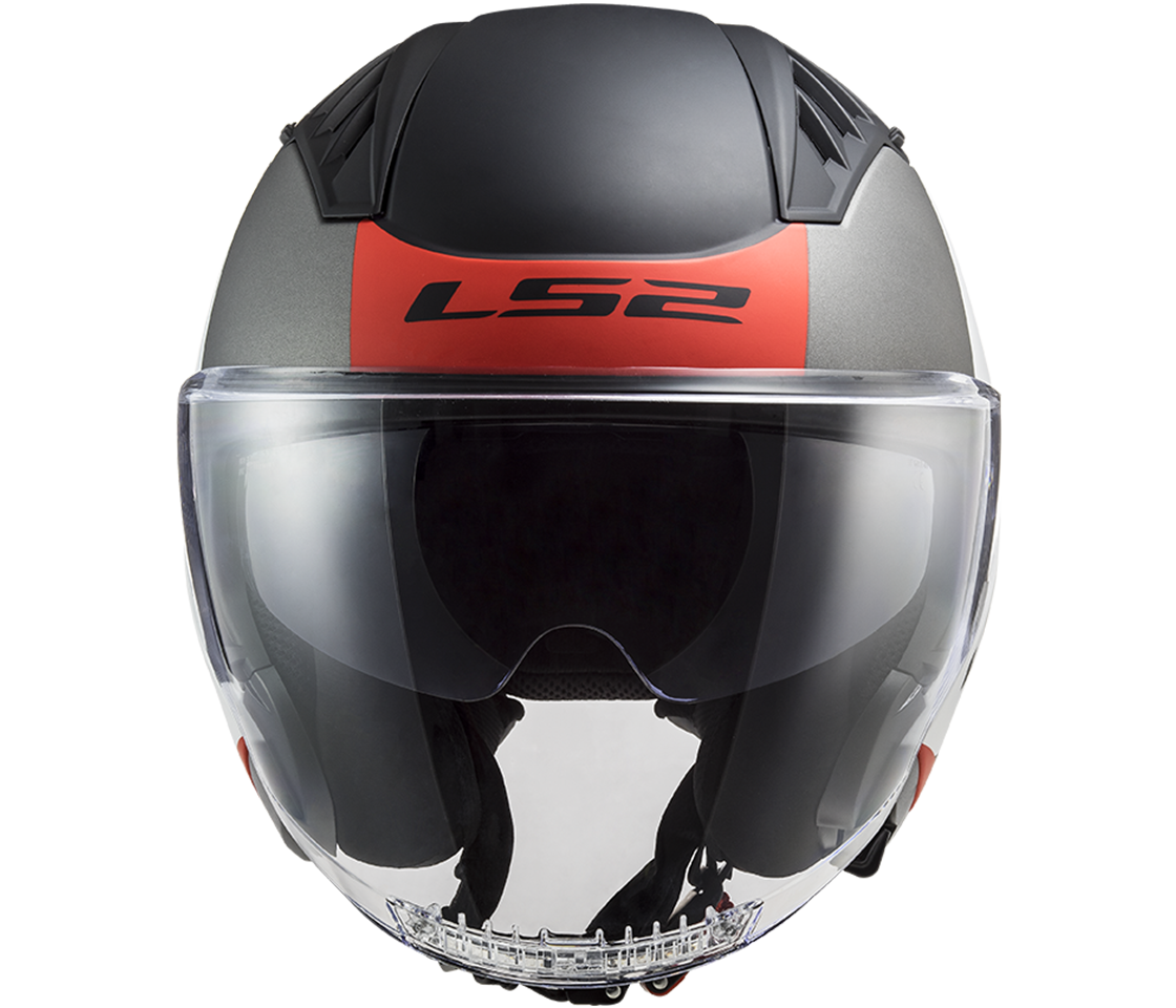 Helma na motorku LS2 OF600 Copter II URBANE Matt White Red, se sluneční clonou